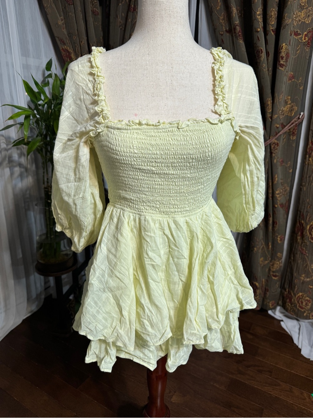 Fashion Nova Light Yellow Smocked Peplum Square-Neck Top
